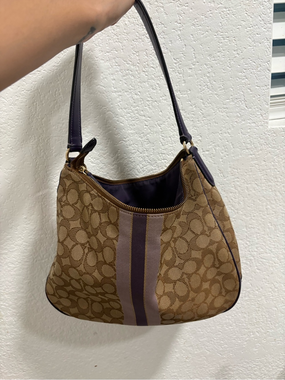 Coach Brown Signature Jacquard Shoulder Bag with Purple Stripe - Picture 2 of 3